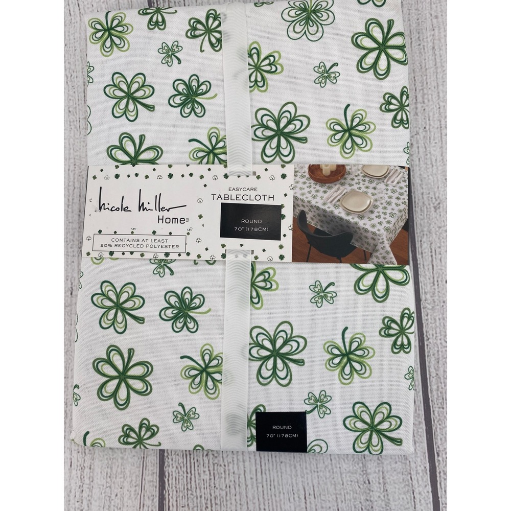 Nicole Miller Home Tablecloth Round 70" White Green Shamrock St Patricks Day